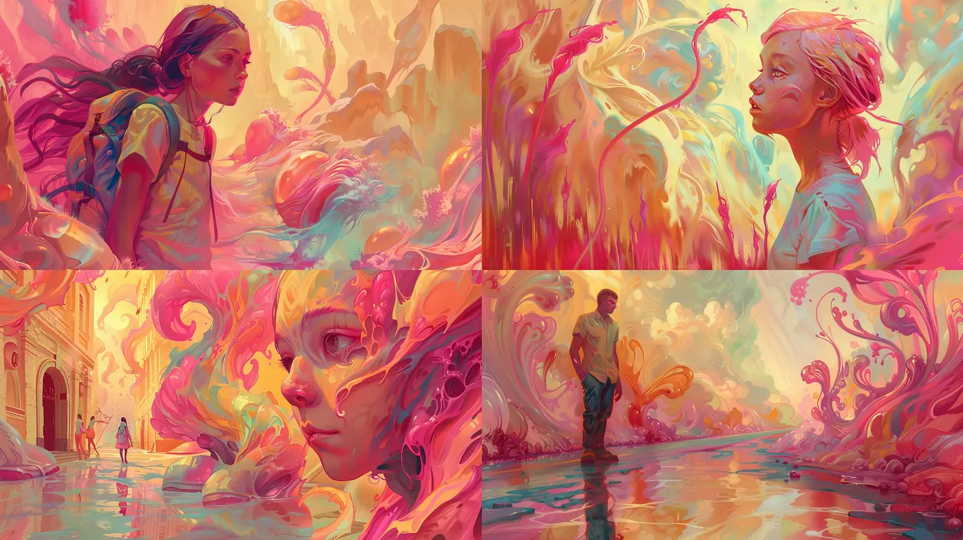 Surreal Dreamscapes: The Fusion of Ethereal Warmth and Fluid Dynamics - Midjourney sref style