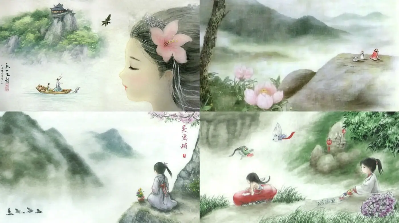 Ethereal Far Eastern Watercolor Dreamscape - Midjourney sref style