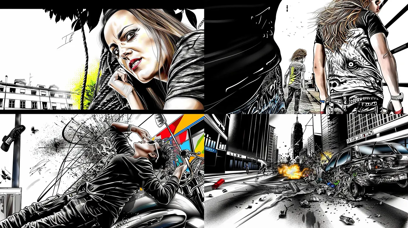 High-Contrast Graphic Novel Flair with Splattered Ink Dynamic - Midjourney sref style
