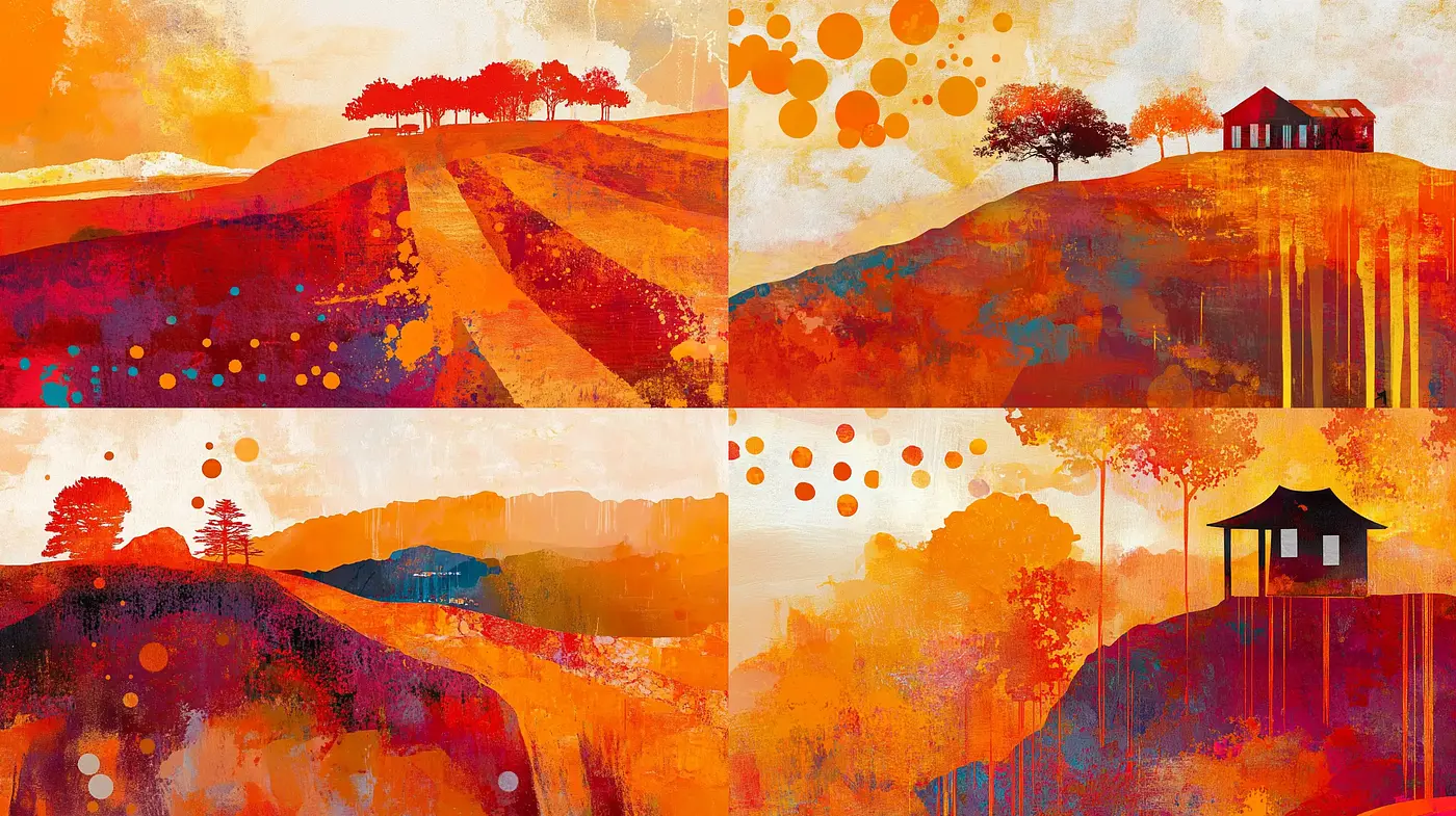 Sunset Hues in Stylized Countryside - Midjourney sref style