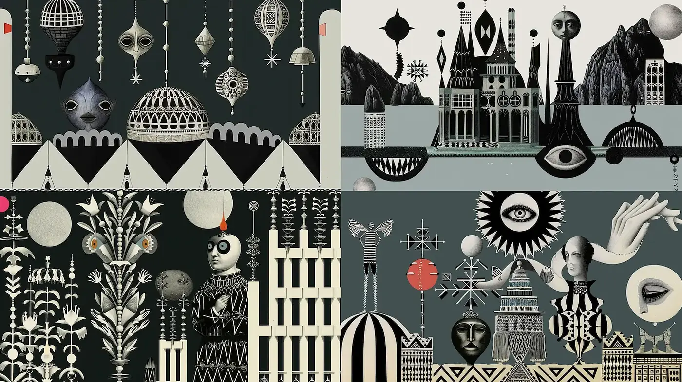 Surrealistic and Geometric Compositions with a Vintage Aesthetic - Midjourney sref style