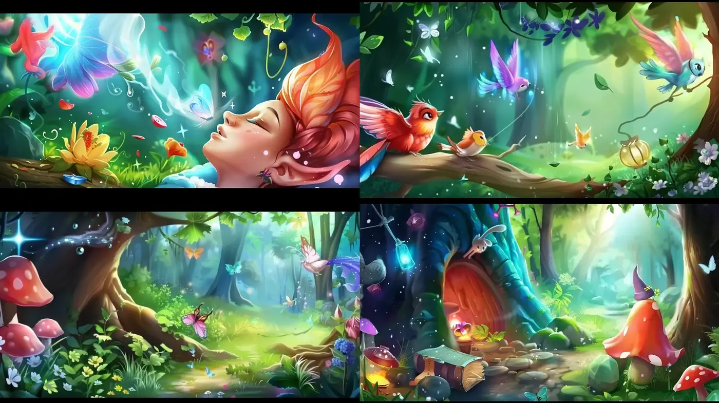 Enchanted Forest Dreamscape in Vivid Hues: A Fantastical Nature Series - Midjourney sref style