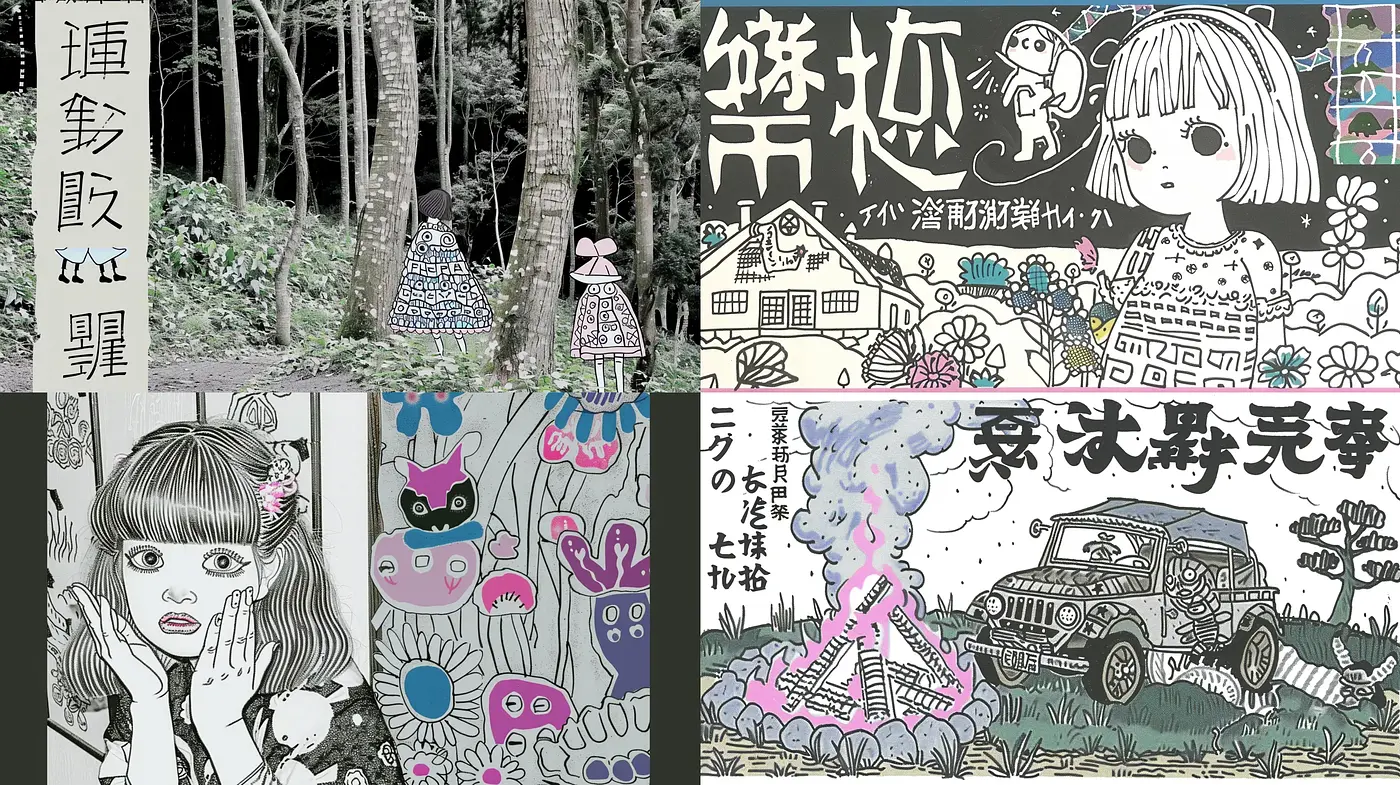 Monochromatic Dreamscape with Surreal Childlike Imagery - Midjourney sref style