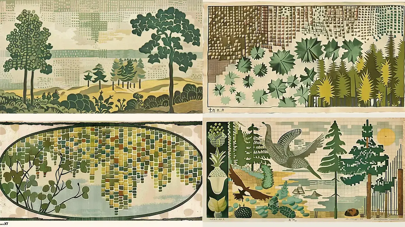 Stylized Natural Landscapes with Graphic Elements and Mid-Century Influence - Midjourney sref style