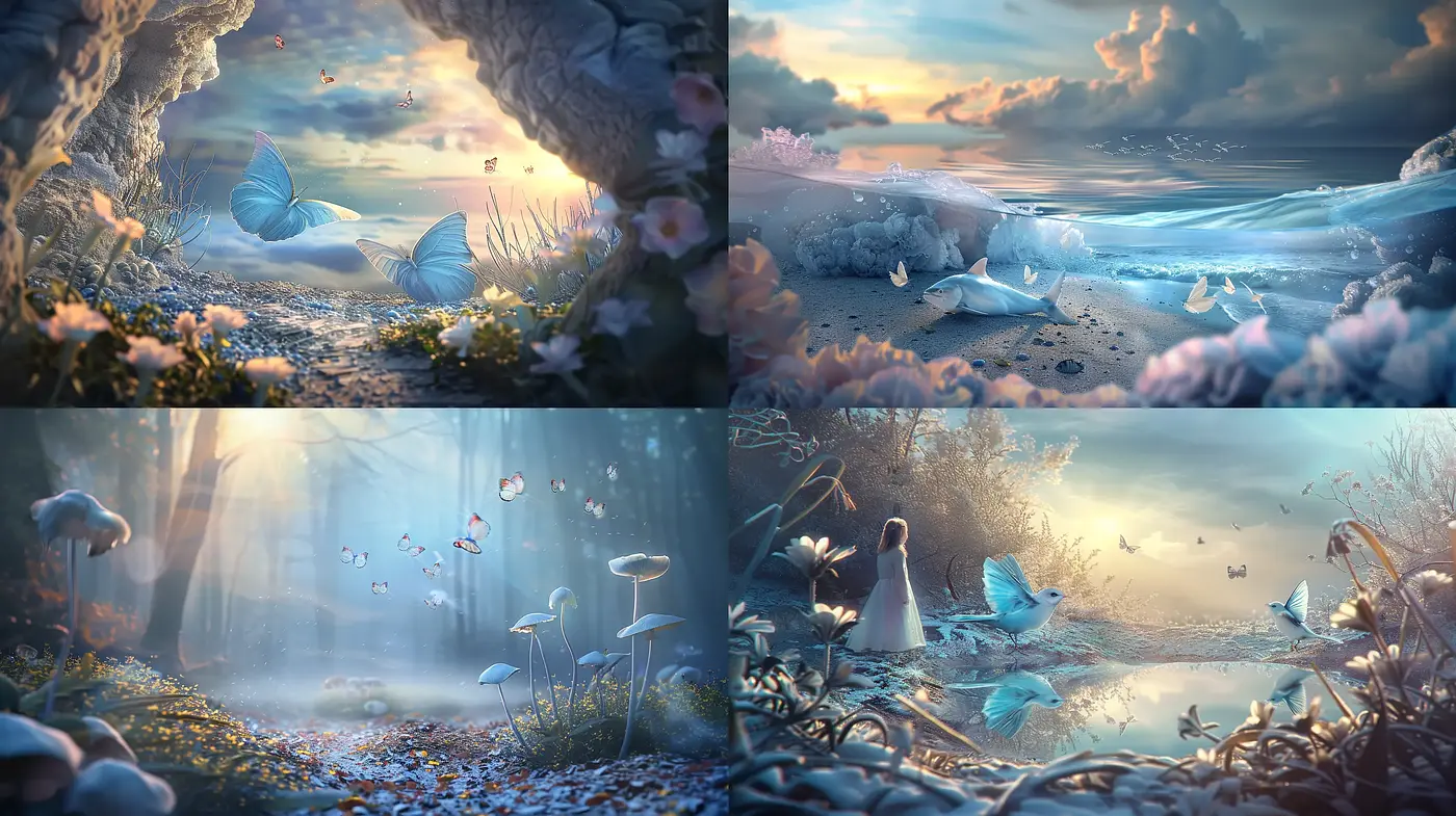 Serene Twilight Enchantment: A Consistent Dreamlike Aesthetic Across Diverse Landscapes - Midjourney sref style