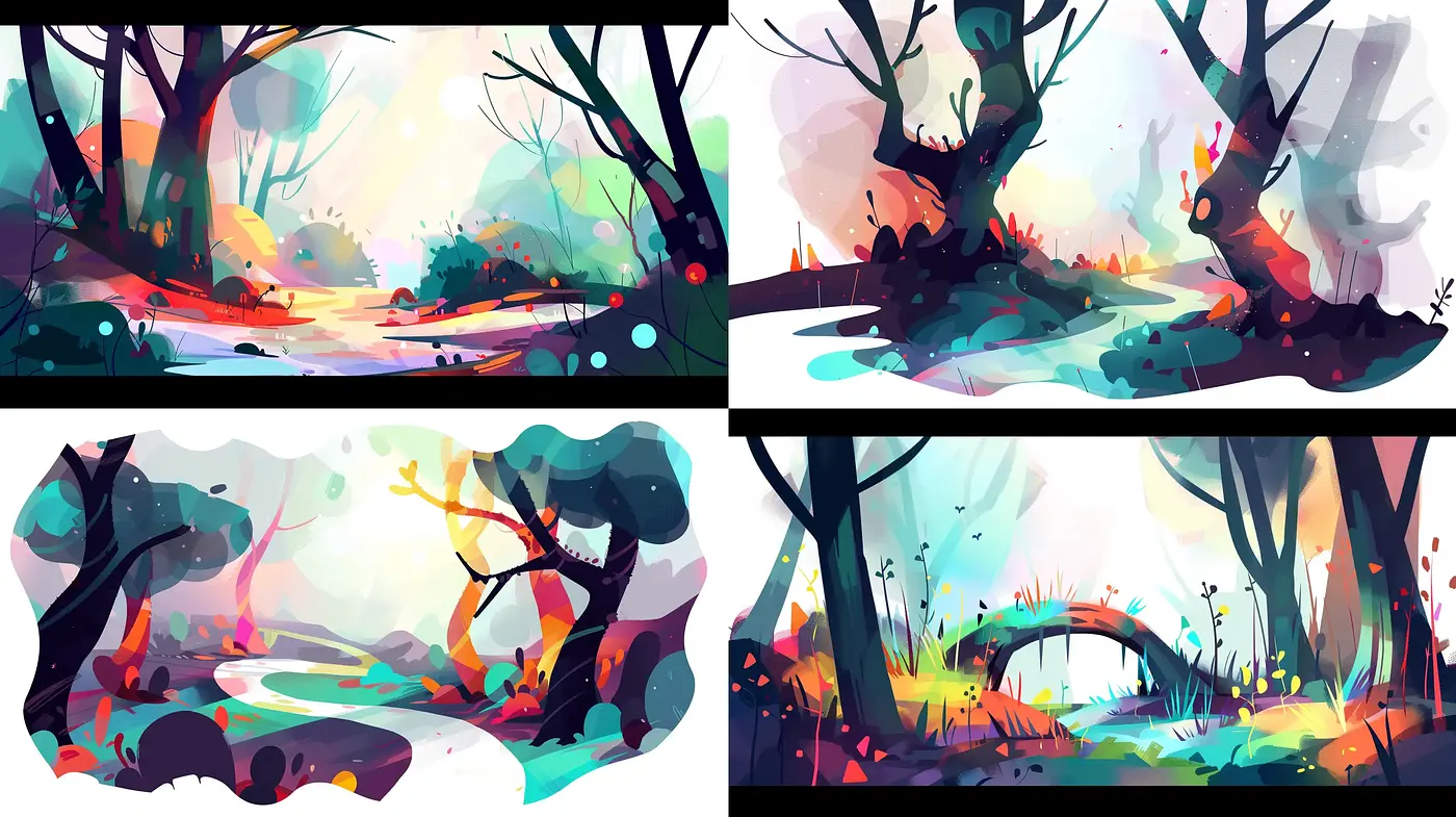 Whimsical Nature in Radiant Hues: A Consistent Artistic Interpretation Across Diverse Scenes - Midjourney sref style