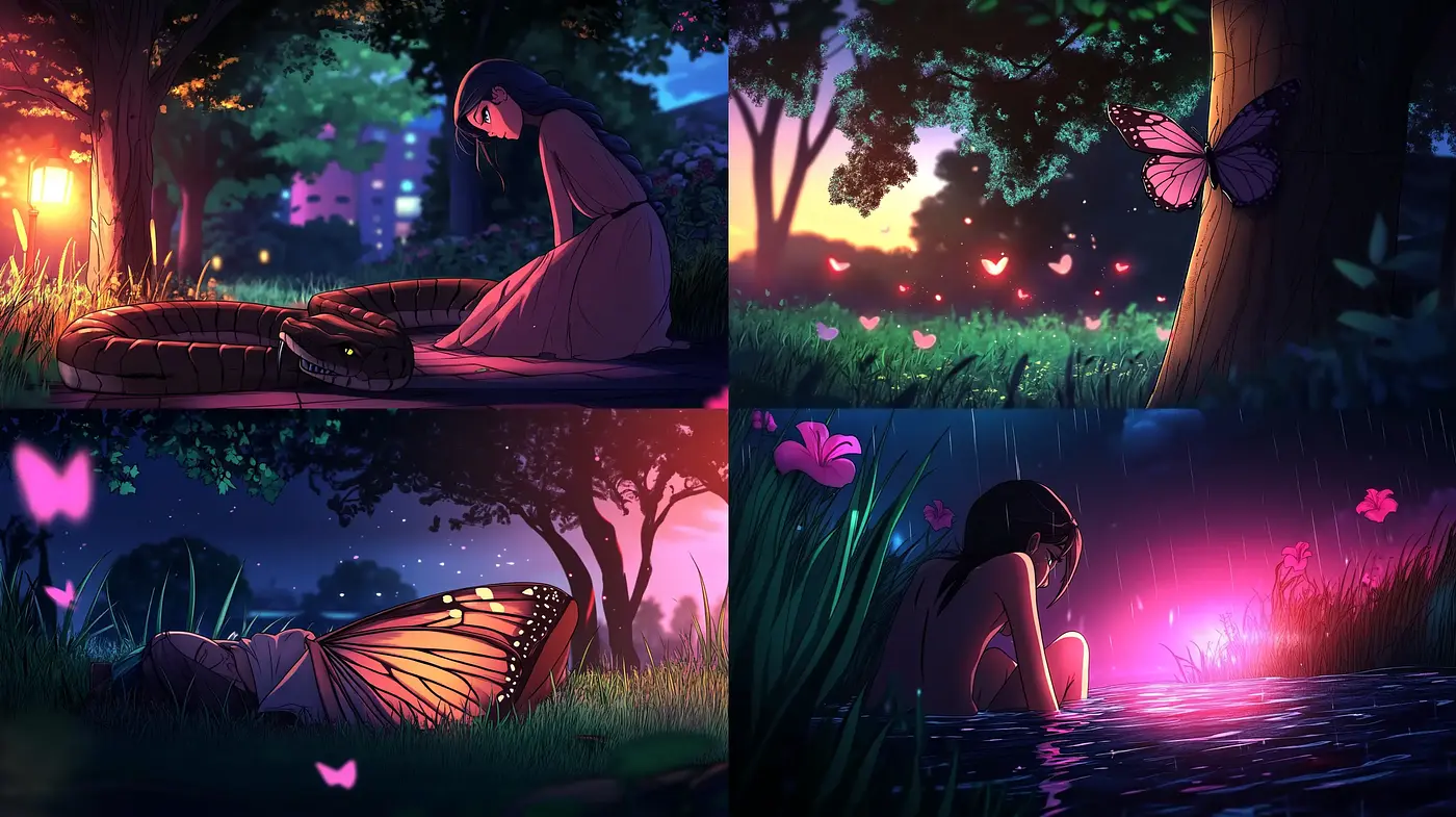 Twilight Serenity in Animated Nature: A Homage to Luminous Hues and Anime Aesthetics - Midjourney sref style