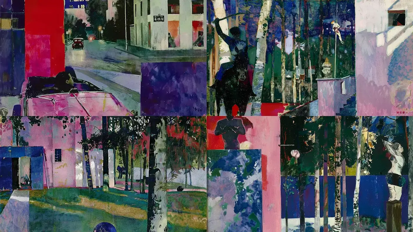 Fragmented Chromatic Mosaic: A Vivid Tapestry of Urban Life - Midjourney sref style