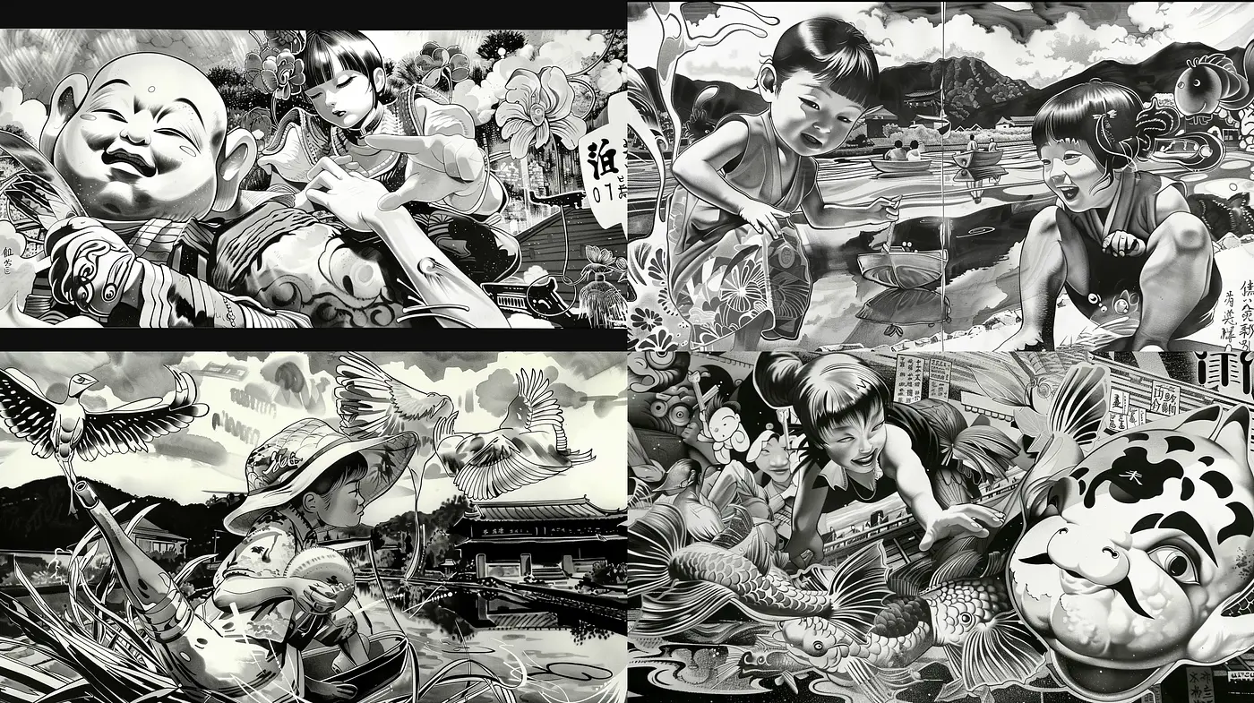 Monochromatic Oriental Narrative Tapestry - Midjourney sref style