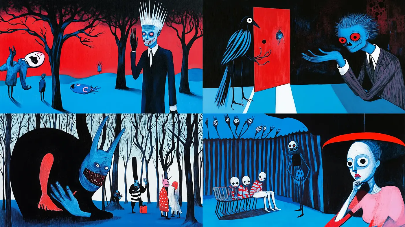 Surreal Nocturne of Eerie Blue Hues and Startling Figures - Midjourney sref style