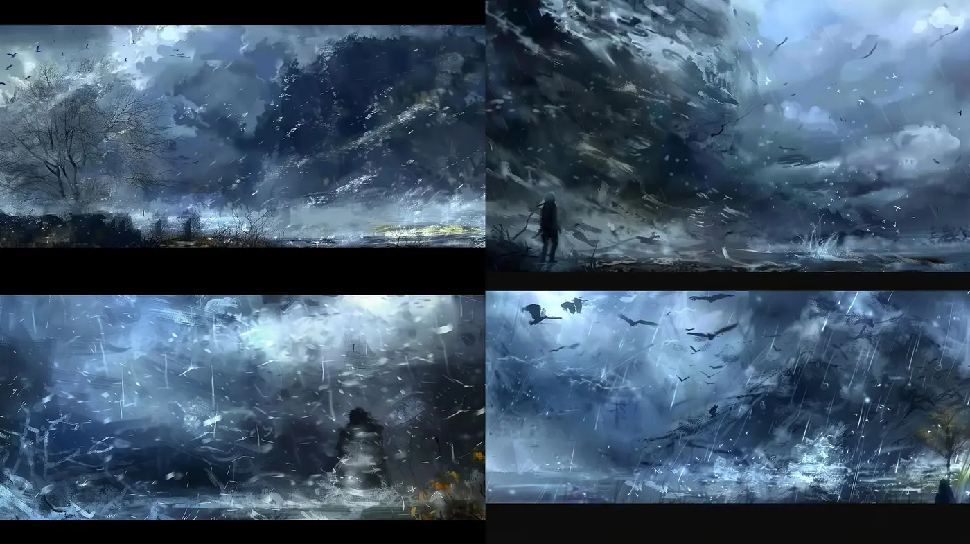 Ethereal Monochromatic Stormscapes: A Study in Grayscale Dynamics and Textured Ambiance - Midjourney sref style