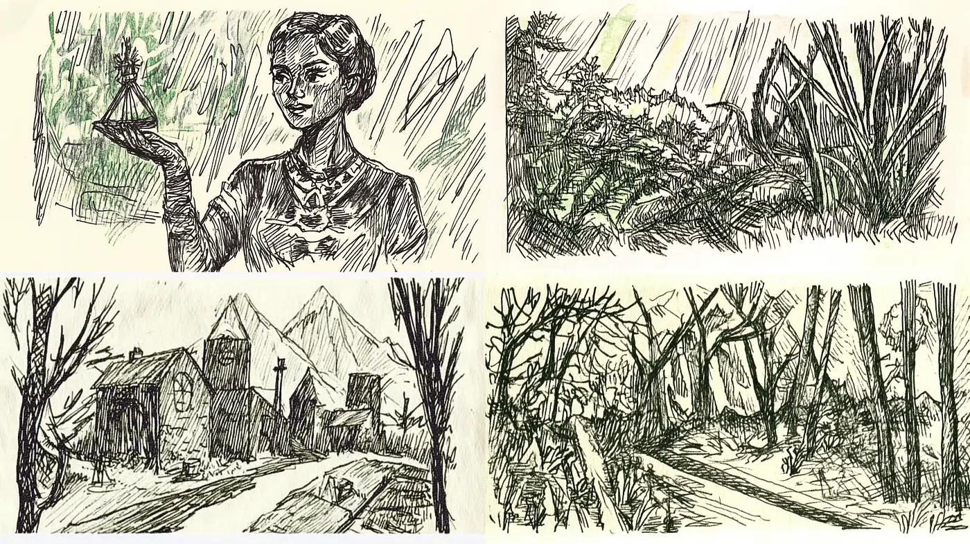 Intricate Pen-and-Ink Illustration Ensemble with Nature and Human Elements - Midjourney sref style
