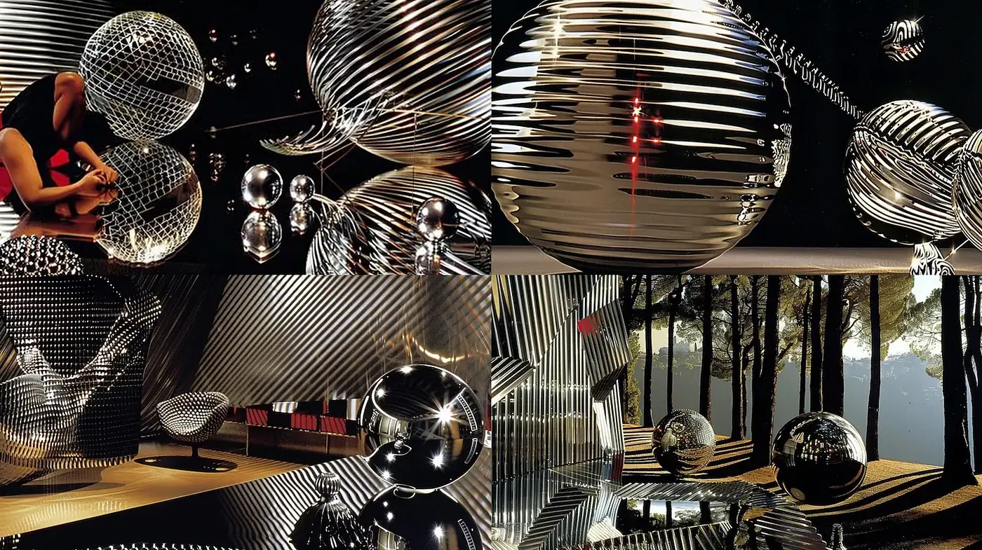 Futuristic and Reflective Metallic Aesthetics with a Harmonious Spatial Interaction - Midjourney sref style
