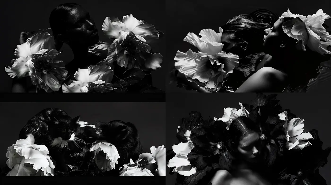 Monochromatic Elegance with Floral Interplay - Midjourney sref style