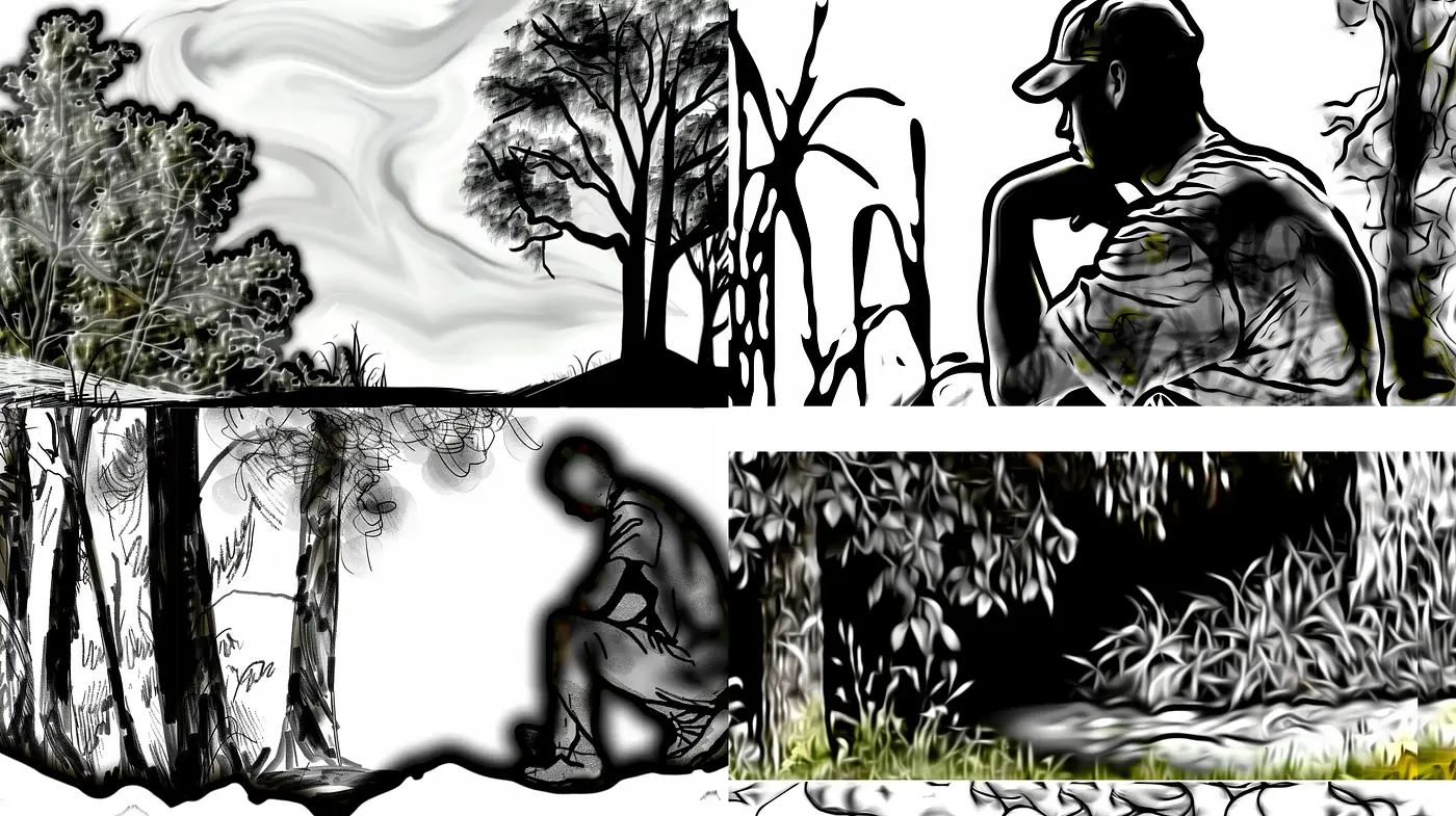 Monochromatic Dreamscape with Expressive Brushwork and Surreal Overtones - Midjourney sref style