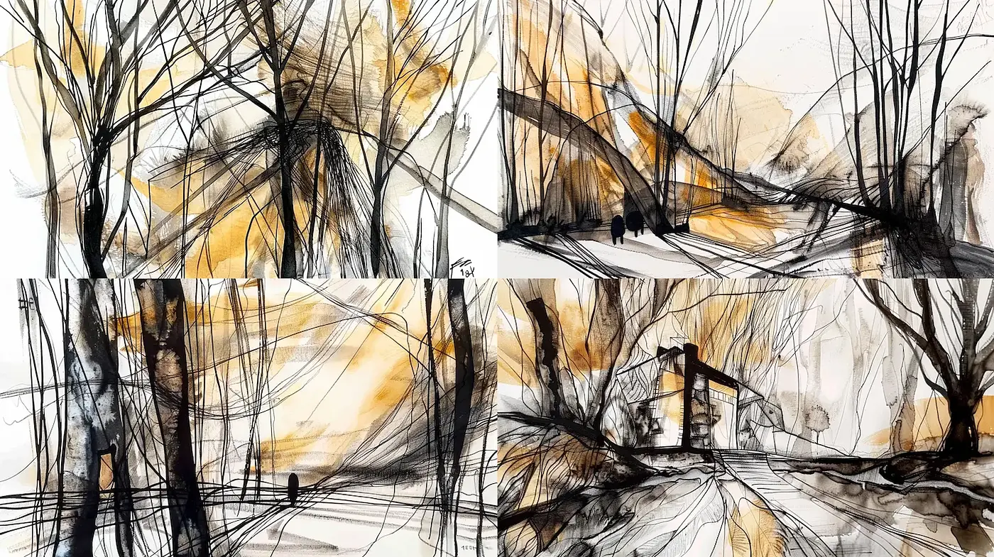 Dynamic Abstract Landscapes with Ink and Watercolor Techniques - Midjourney sref style