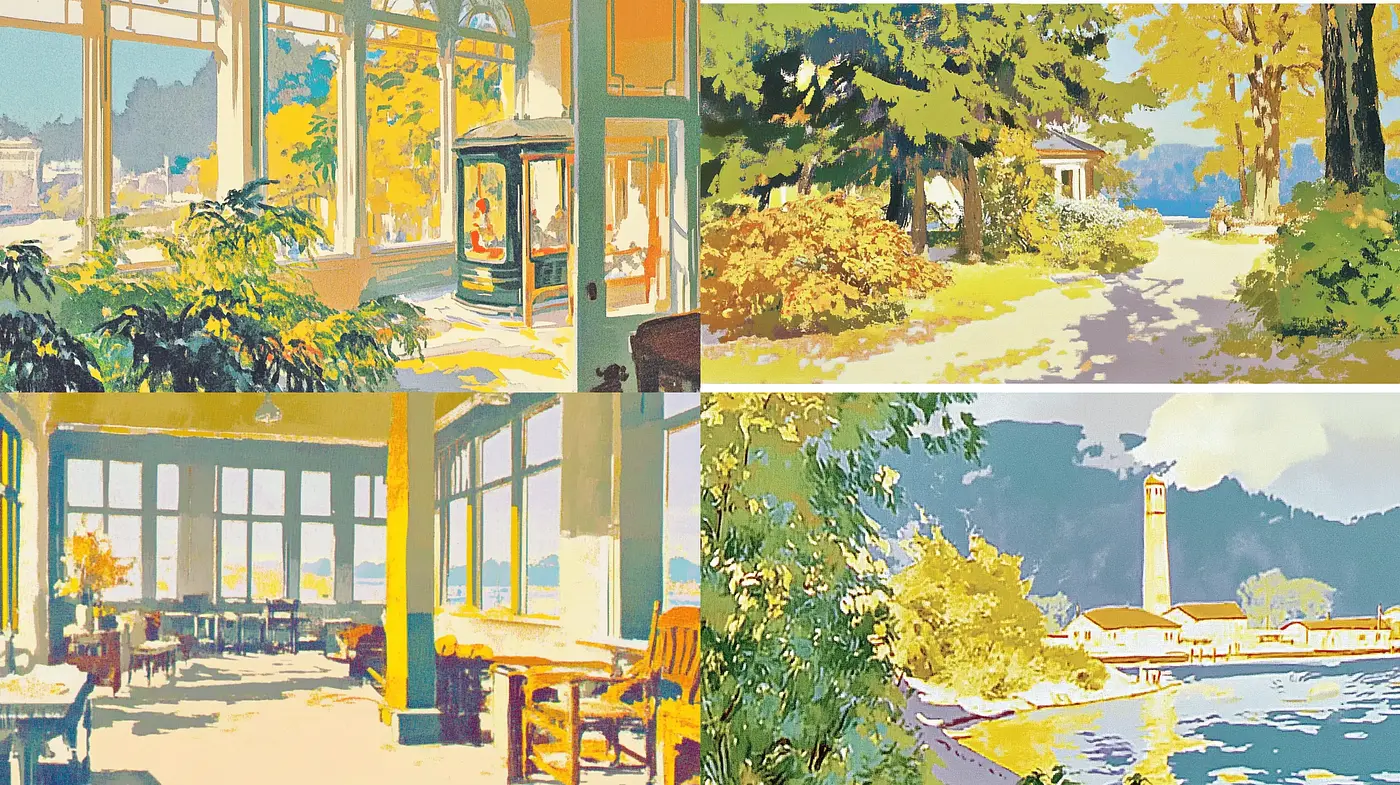 Luminous Hues and Simplified Forms in a Contemporary Impressionist Landscape - Midjourney sref style