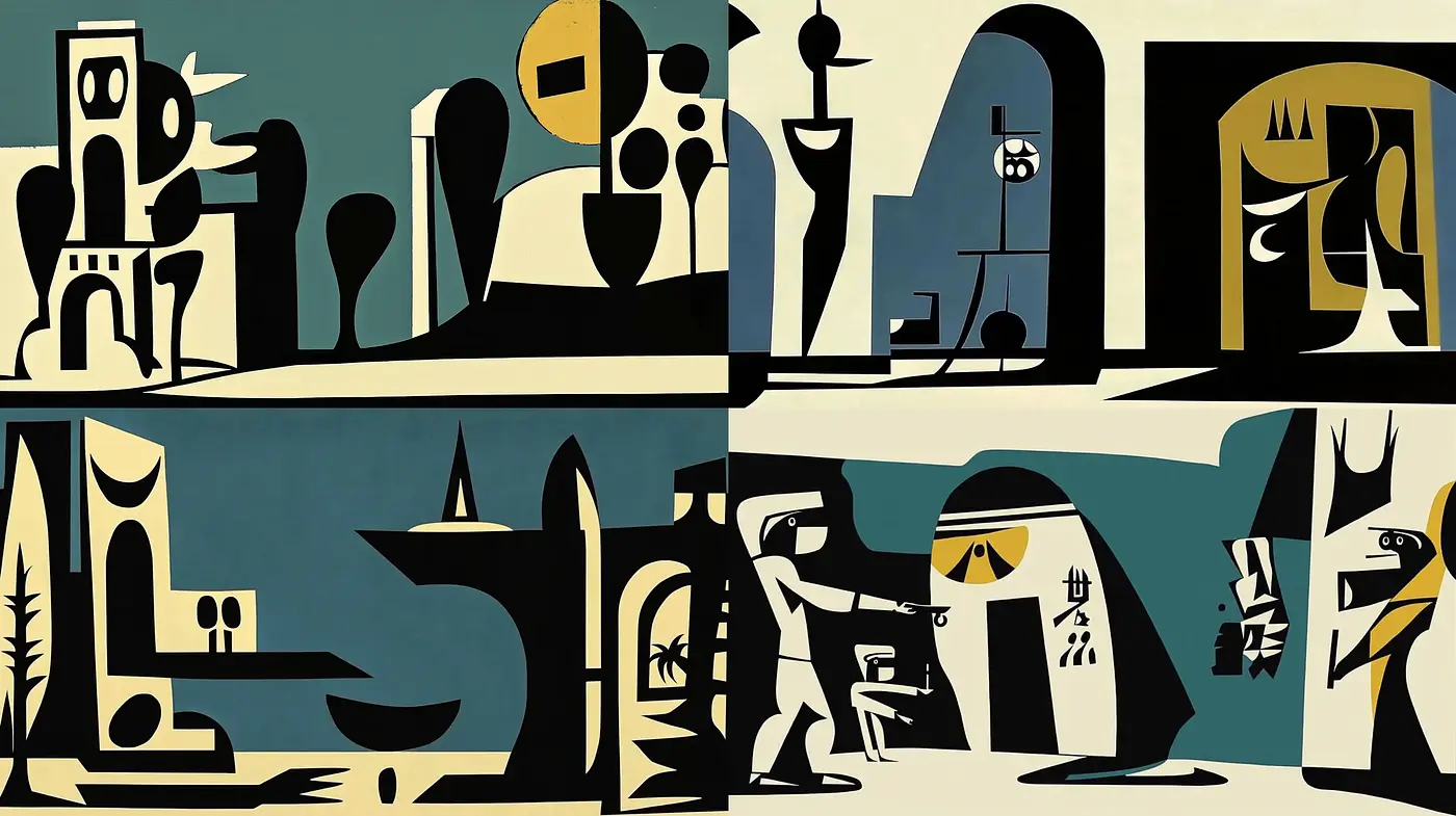 Stylized Geometric Narratives in a Monochrome Tinged Palette - Midjourney sref style