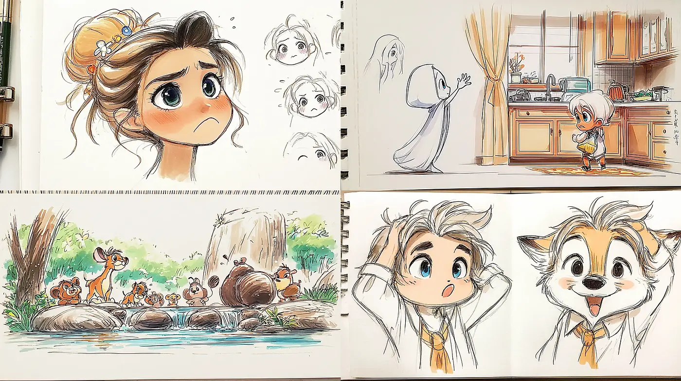 Charming and Whimsical Character Sketches with a Playful Vibe - Midjourney sref style