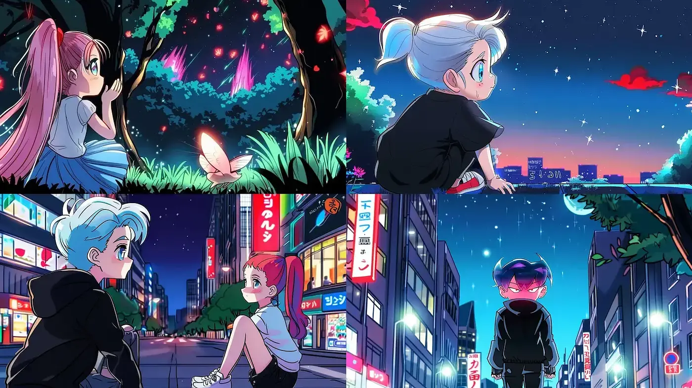Anime-inspired Nighttime Urban Landscapes with Magical Elements - Midjourney sref style