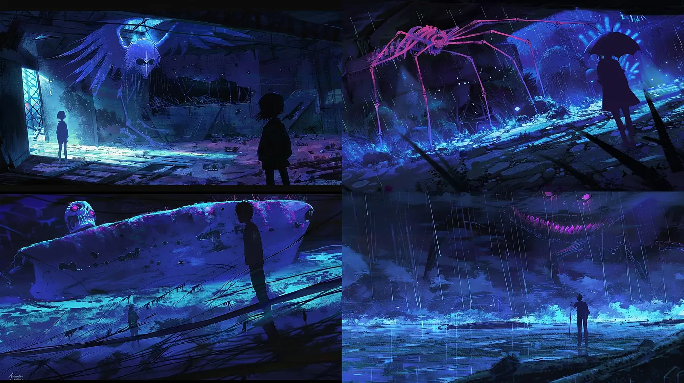 Ethereal Nocturne: A Synthesis of Luminous Neon and Shadowy Hues in Digital Dreamscapes - Midjourney sref style