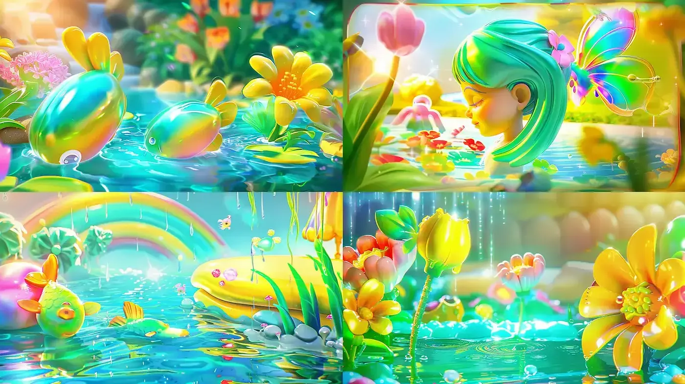 Lively, Colorful Water-Themed Illustrations with a Dreamlike Quality - Midjourney sref style