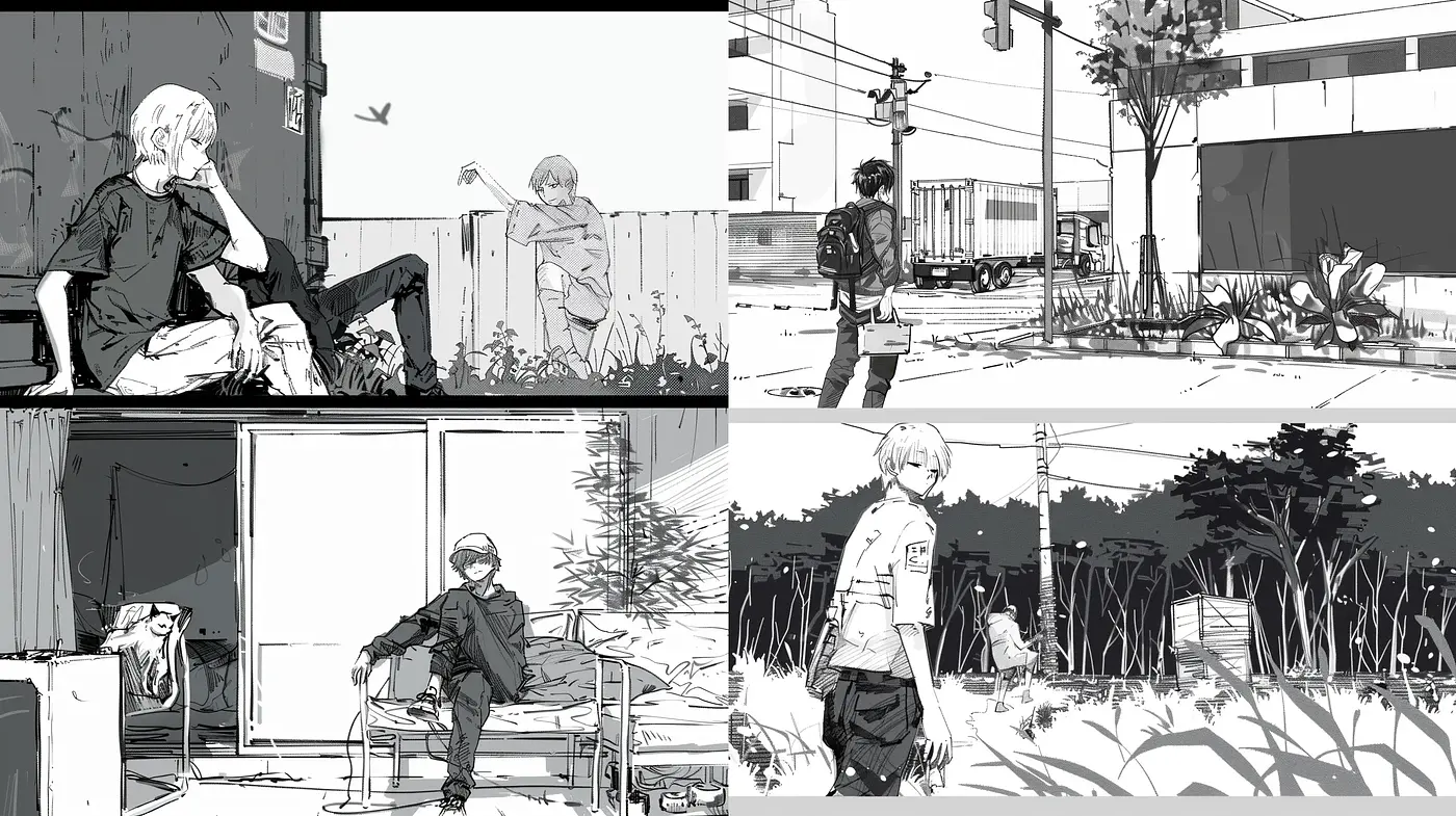 Monochrome Manga-Inspired Urban Sketches - Midjourney sref style