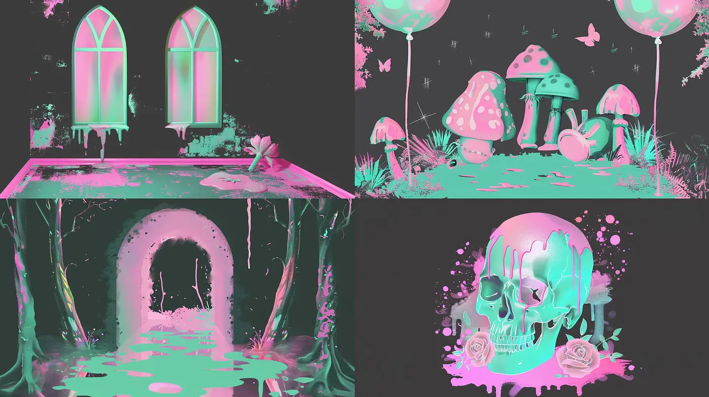 Surreal Neon Dreamscape in Pink and Teal Hues - Midjourney sref style