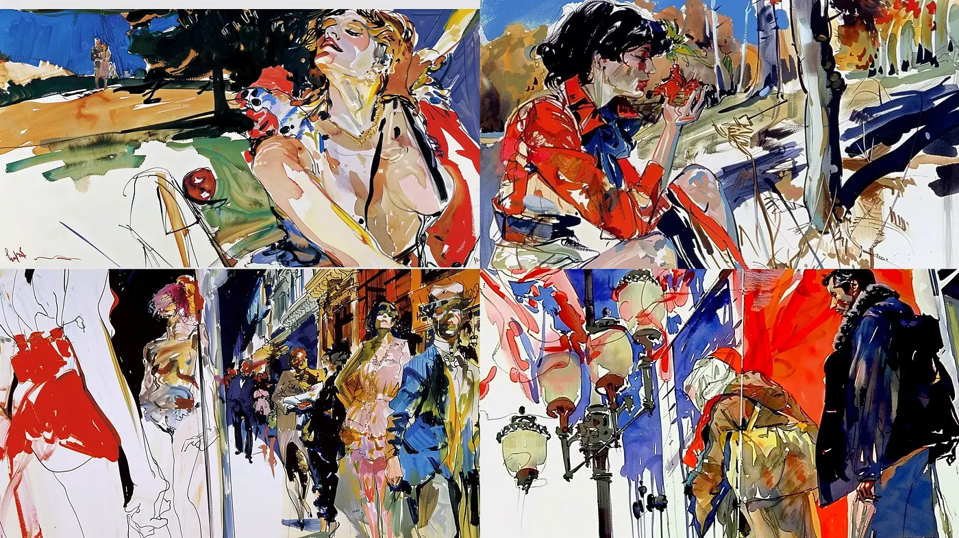 Energetic Brushwork and Bold Contouring in Modern Expressive Illustration - Midjourney sref style