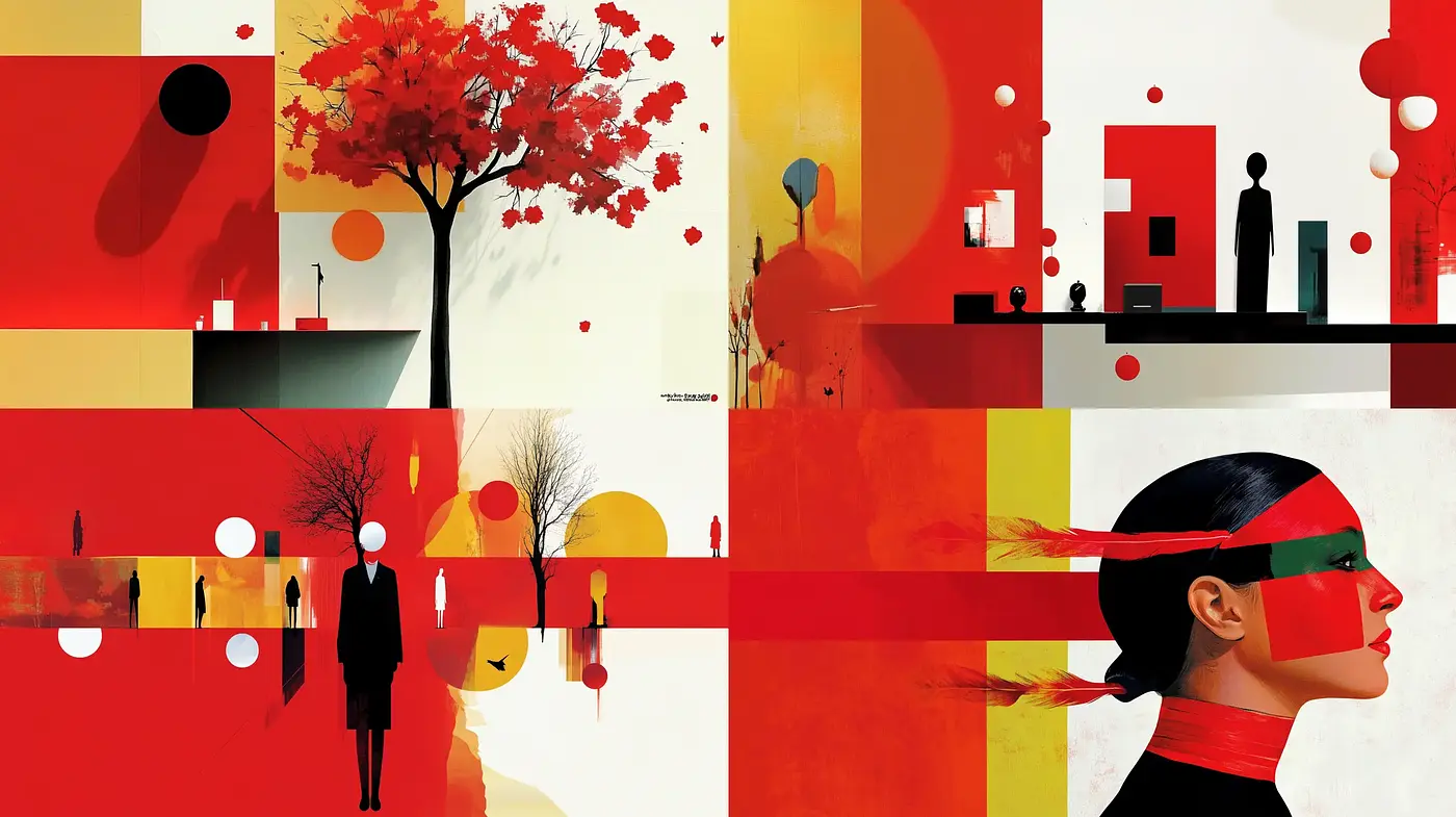 Abstracted Reality in Geometric Hues: A Study in Red, Black, and White - Midjourney sref style