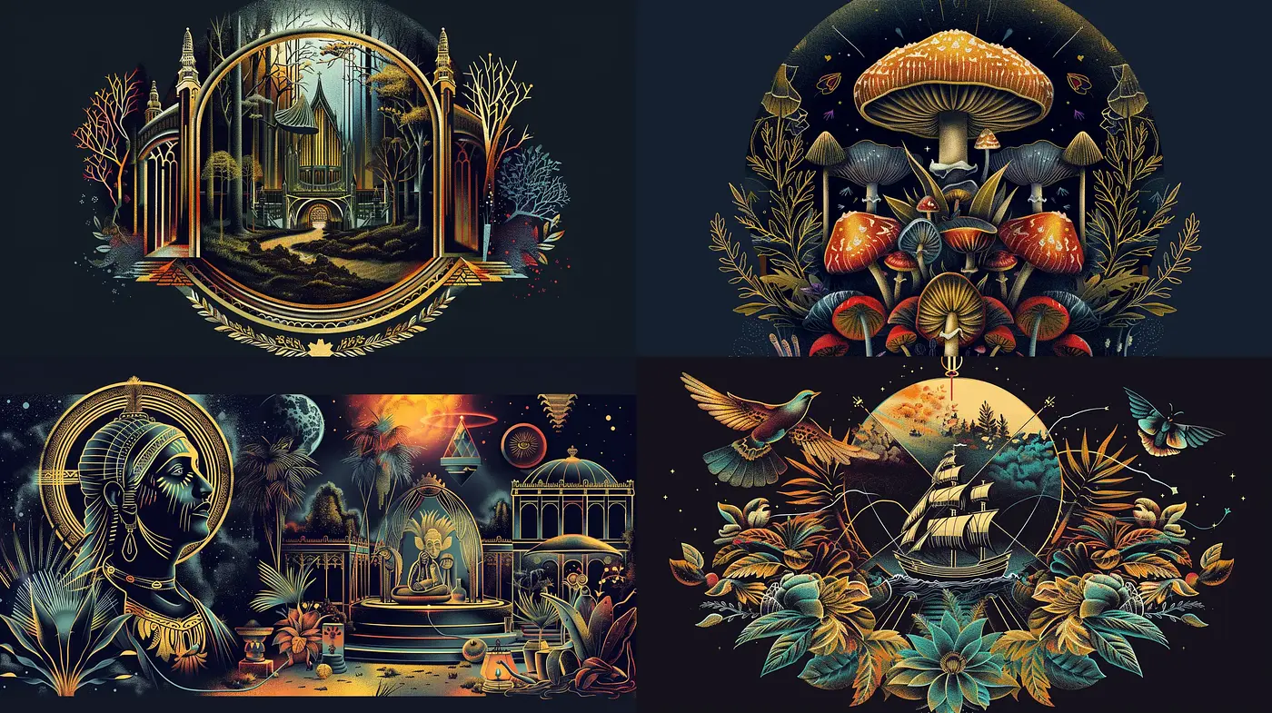 Mystical Nocturnal Dreamscape with Art Nouveau Twists - Midjourney sref style