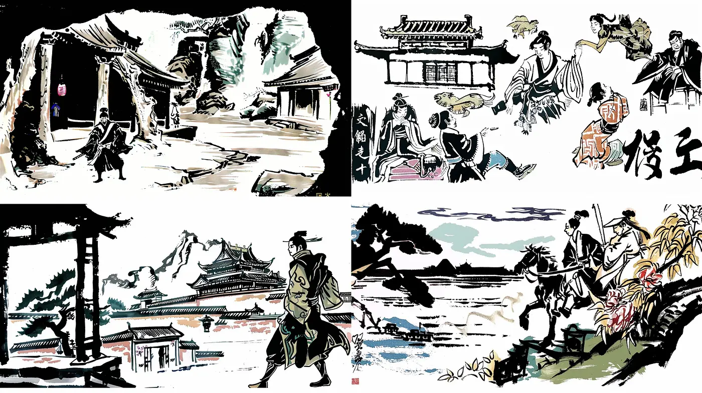 Monochromatic Ink Wash Fusion with Dynamic Brushwork - Midjourney sref style