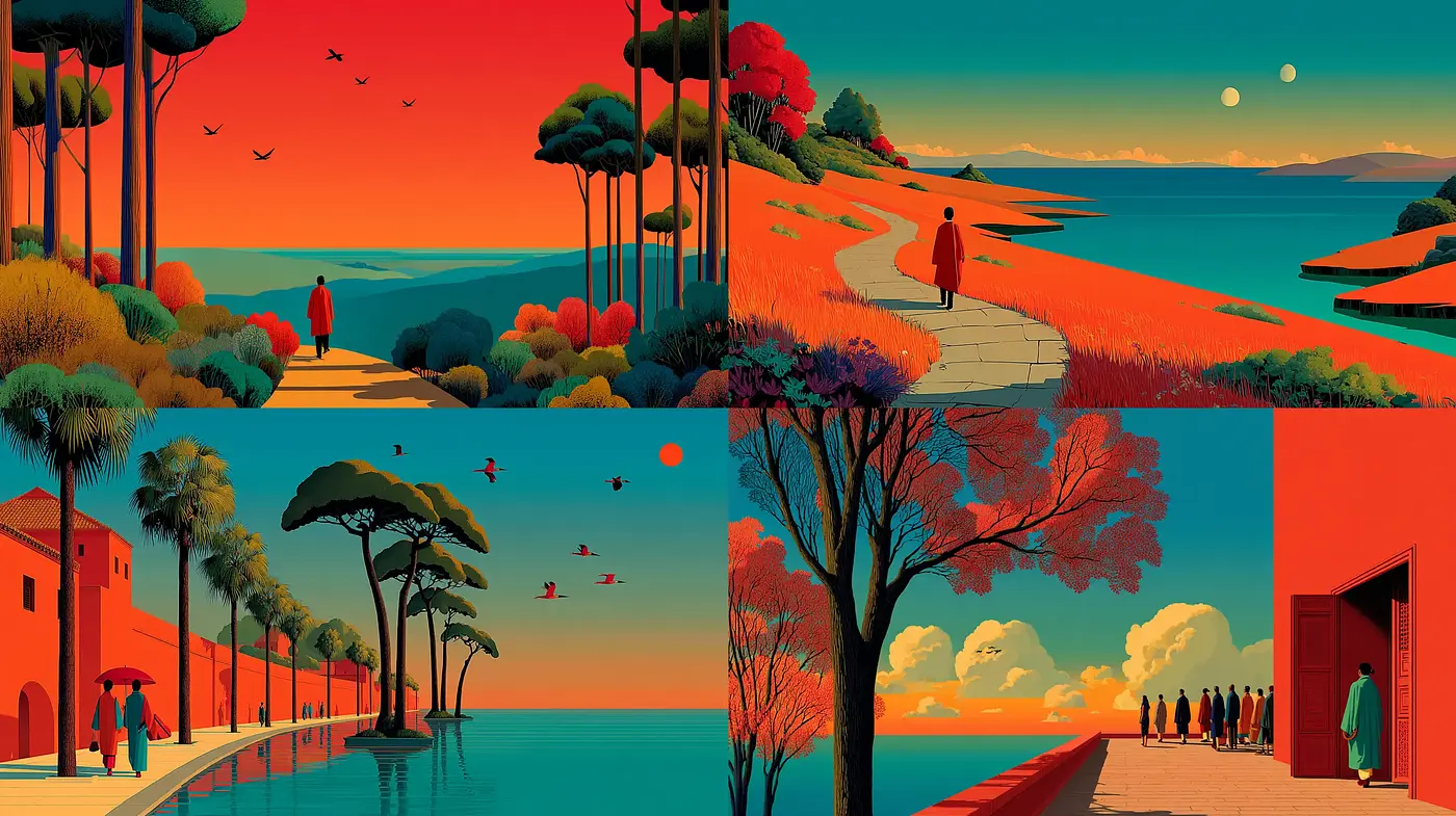 Vibrant scenes with a harmonious blend of nature and architecture - Midjourney sref style