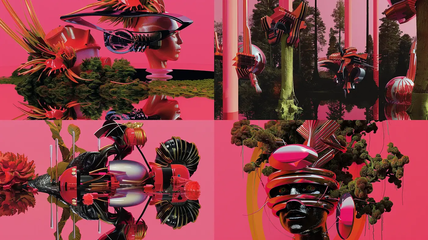 Futuristic Flora and Chrome Contrasts: A Digital Fusion of Nature and Technology - Midjourney sref style