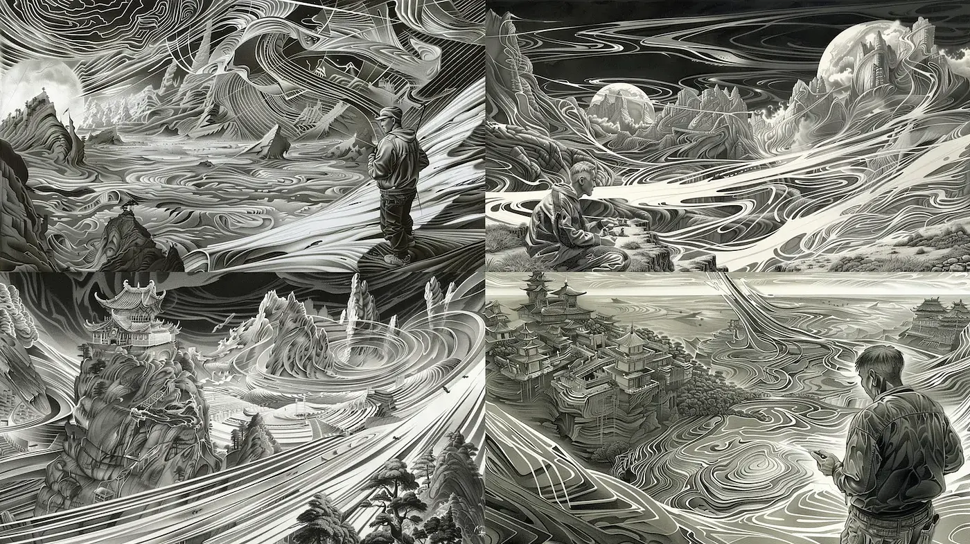 Dynamic and Melodic Landscape with Ethereal Depths - Midjourney sref style