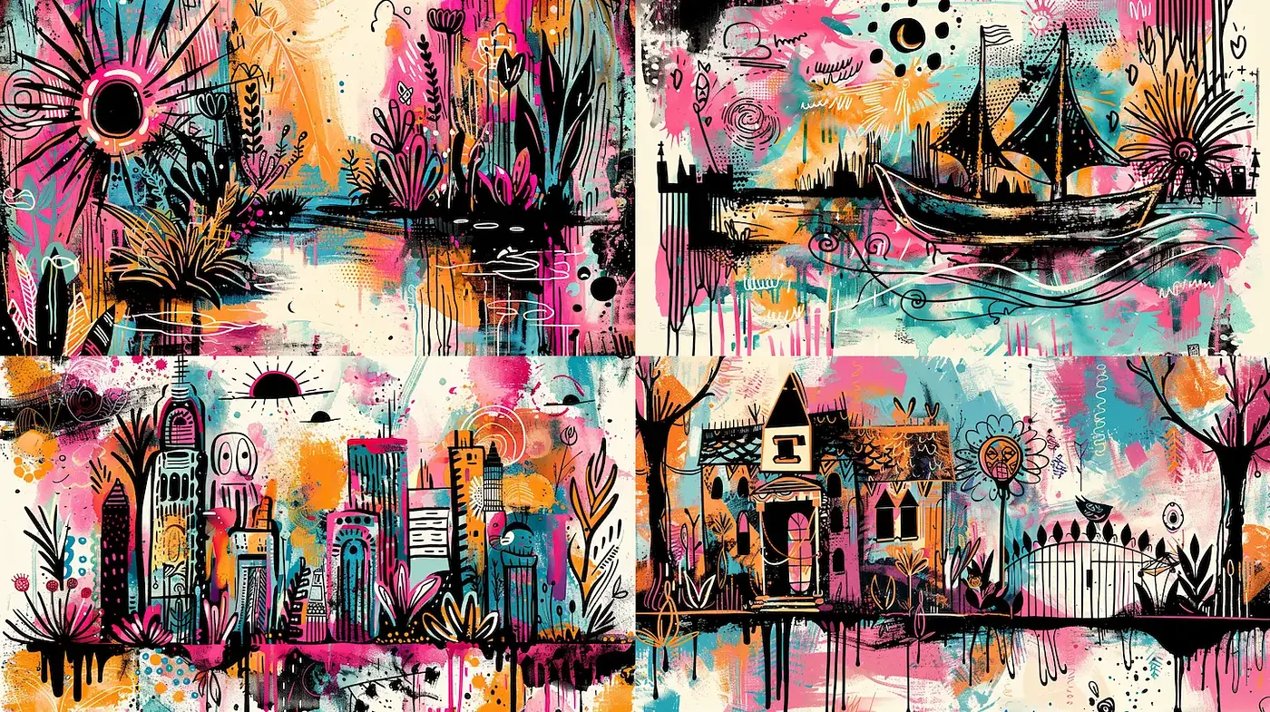 Vibrant abstract landscapes showcasing whimsical elements and intricate details - Midjourney sref style