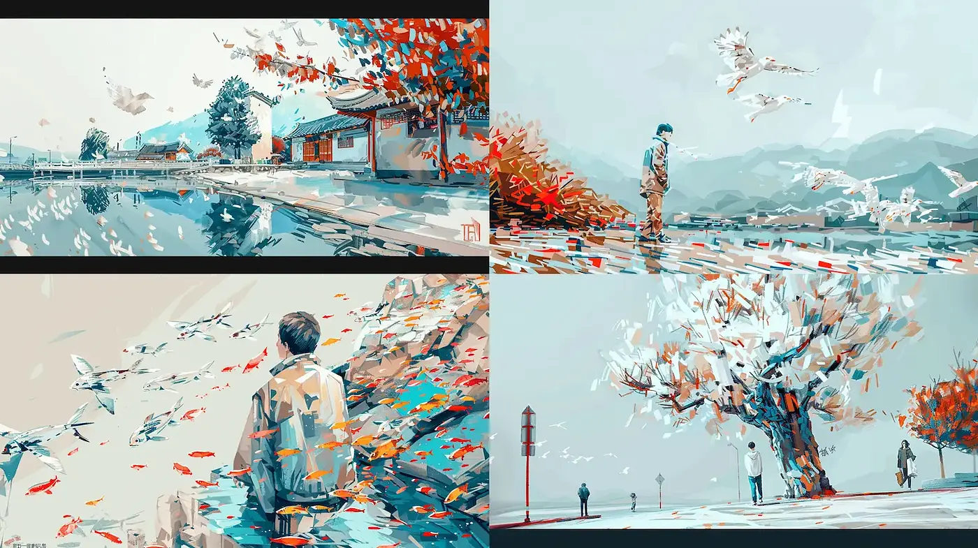 Dynamic and Ethereal Landscape Illustrations with a Blend of Modern and Traditional Elements - Midjourney sref style
