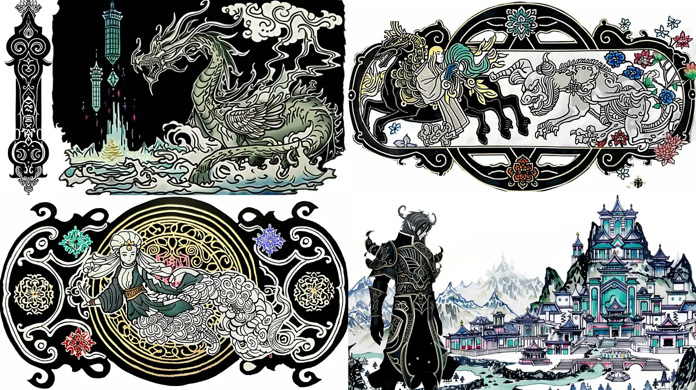 Mythical Elegance in Monochromatic Hues and Intricate Details - Midjourney sref style