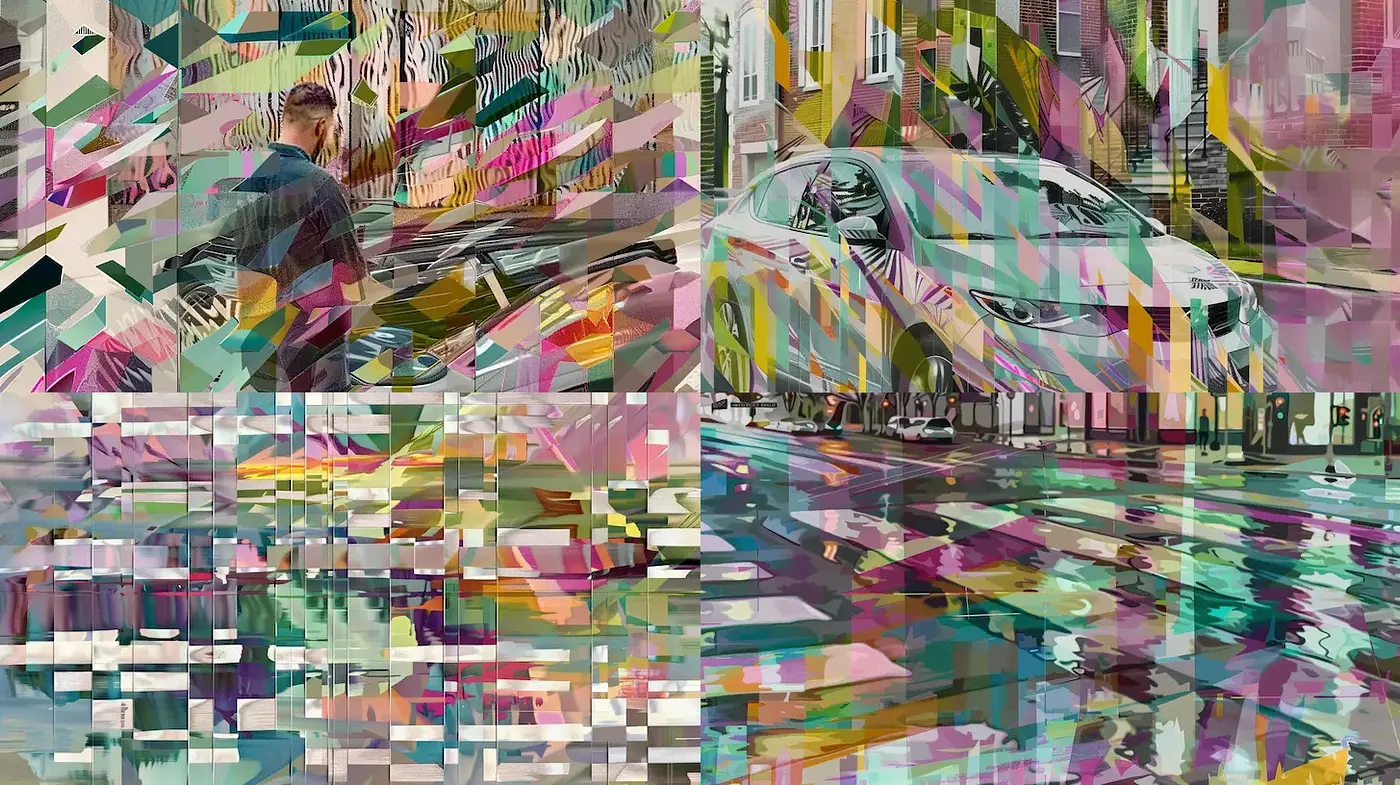 Dynamic and Fragmented Urban Narrative - Midjourney sref style