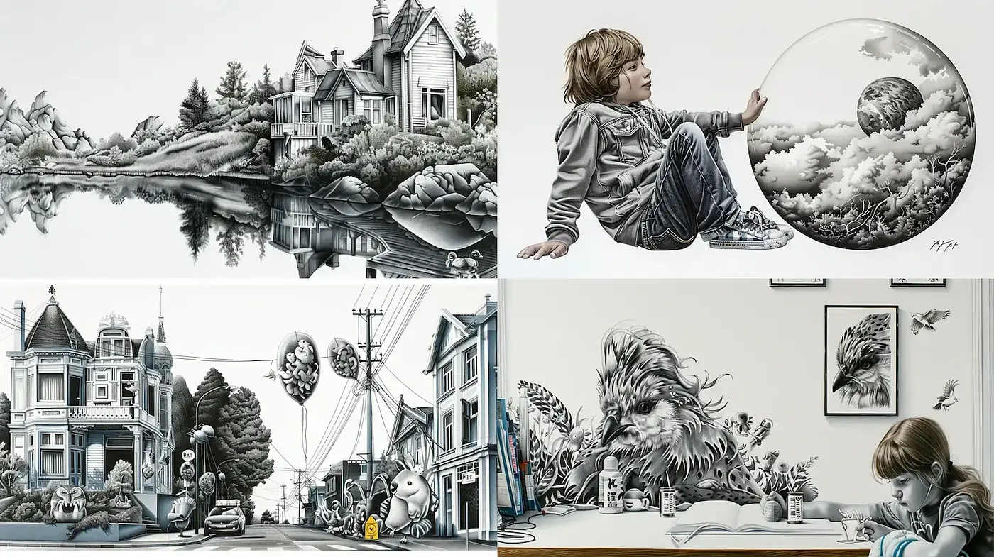 Surreal Black and White Illustrations with a Dreamlike Quality - Midjourney sref style
