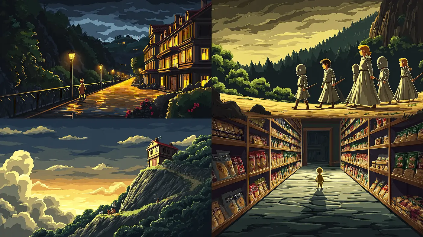 Whimsical yet somber illustrations with a vibrant color story - Midjourney sref style