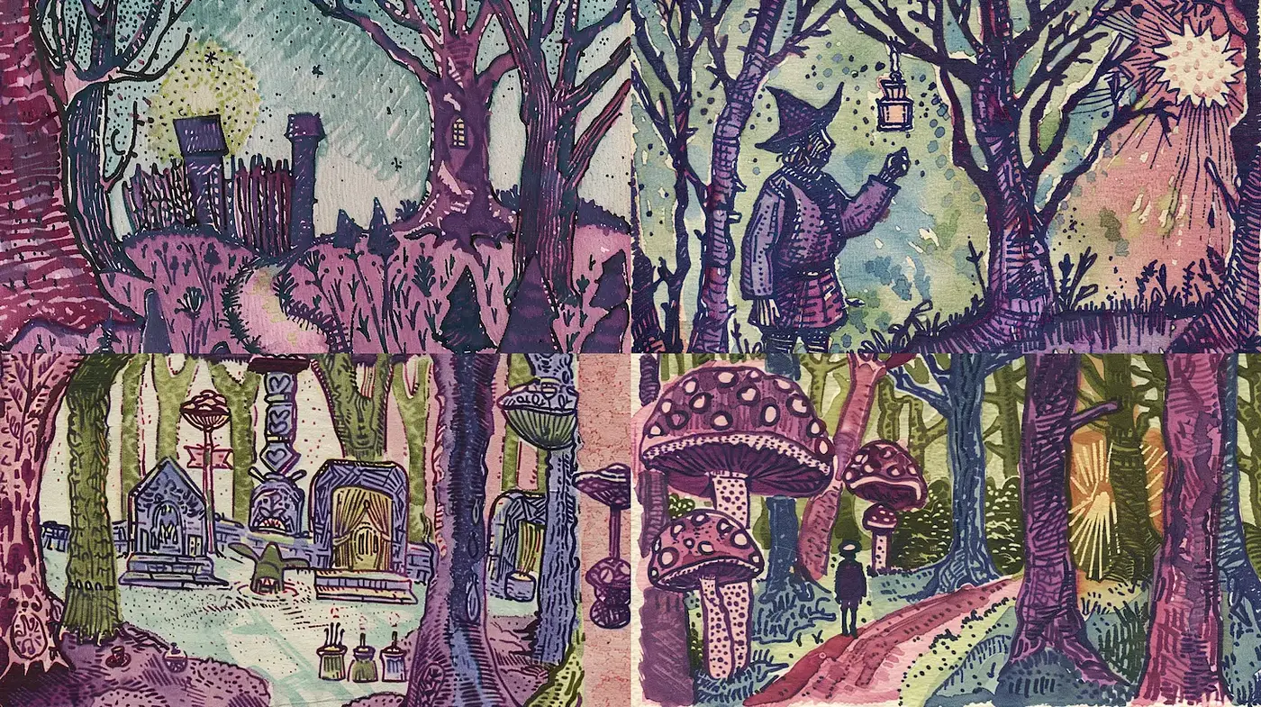 Enchanting Whimsical Forest Landscapes with a Surreal Touch - Midjourney sref style