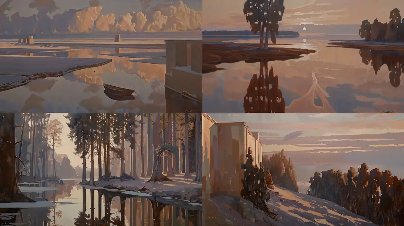 Serene and Harmonious Landscape in Soft Palette with Reflective Waters - Midjourney sref style