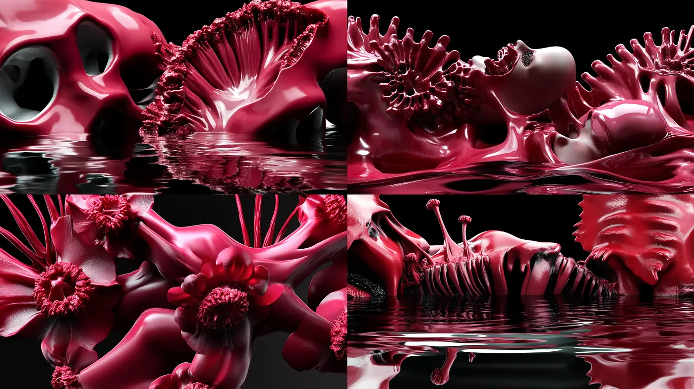 Lustrous Crimson Reflections: A Study of Abstract Organic Forms - Midjourney sref style