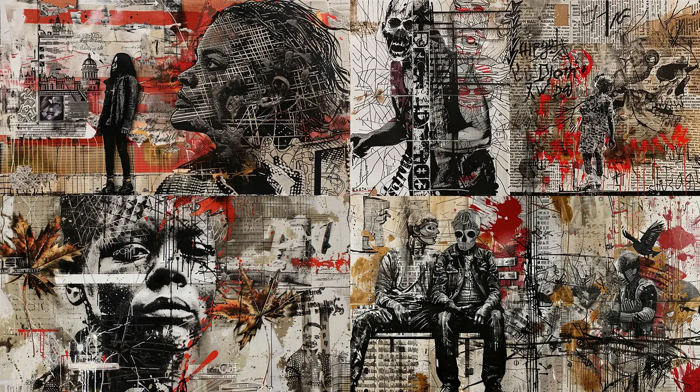 Gritty Urban Collage with an Abstract Expressionist Influence - Midjourney sref style