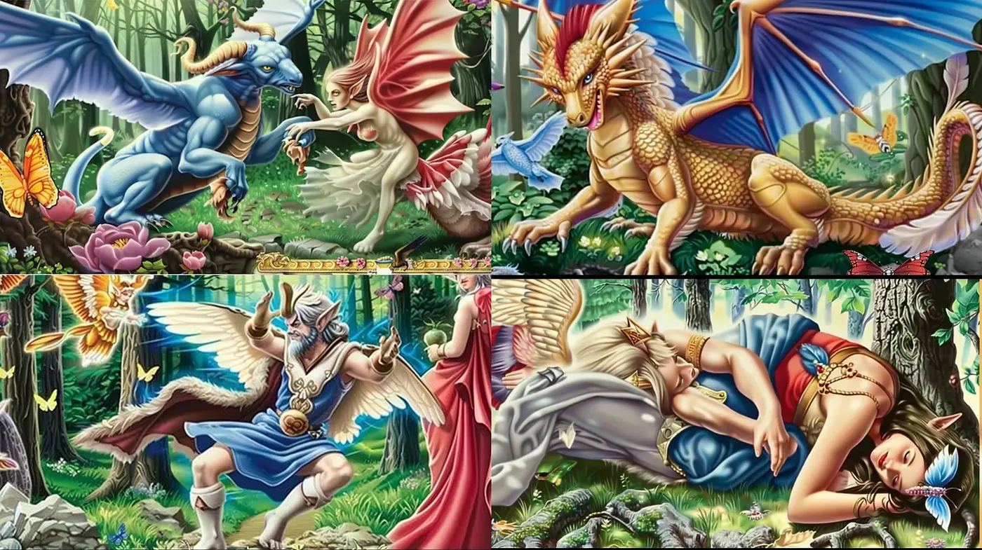 Lush Fantastical Realism with Mythical Creatures and Enchanted Atmosphere - Midjourney sref style