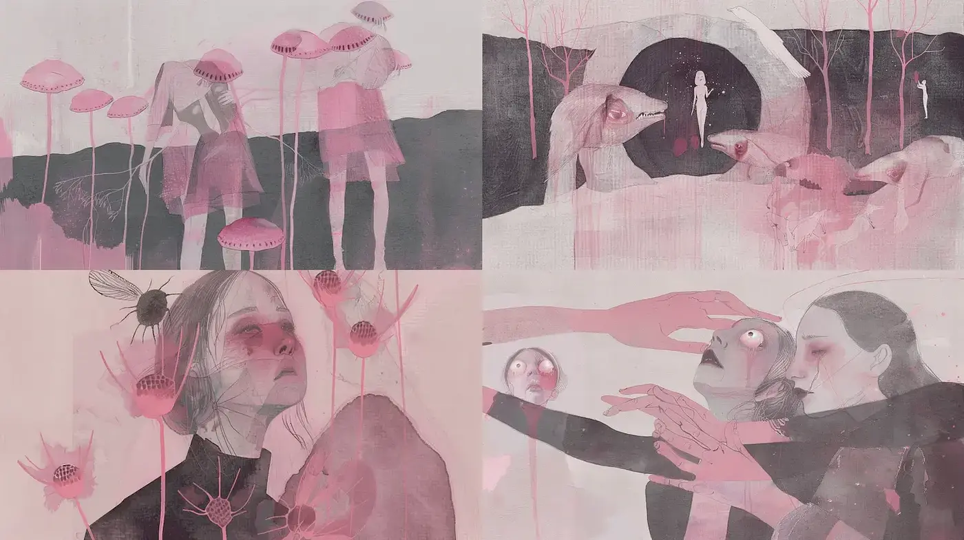 Ethereal and Surreal Artistic Expression with a Unified Pink Palette - Midjourney sref style