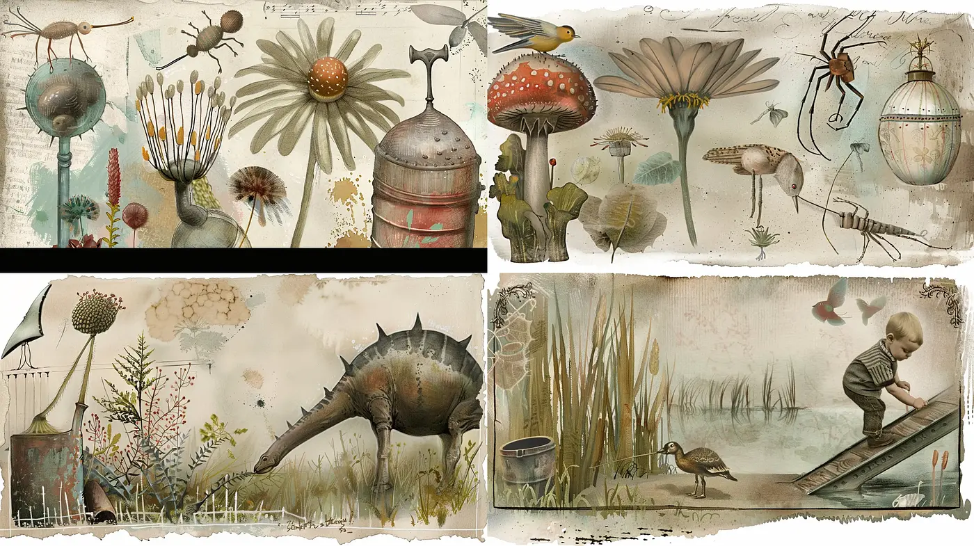 Whimsical Aged Illustrations of Fantastical Flora and Fauna - Midjourney sref style