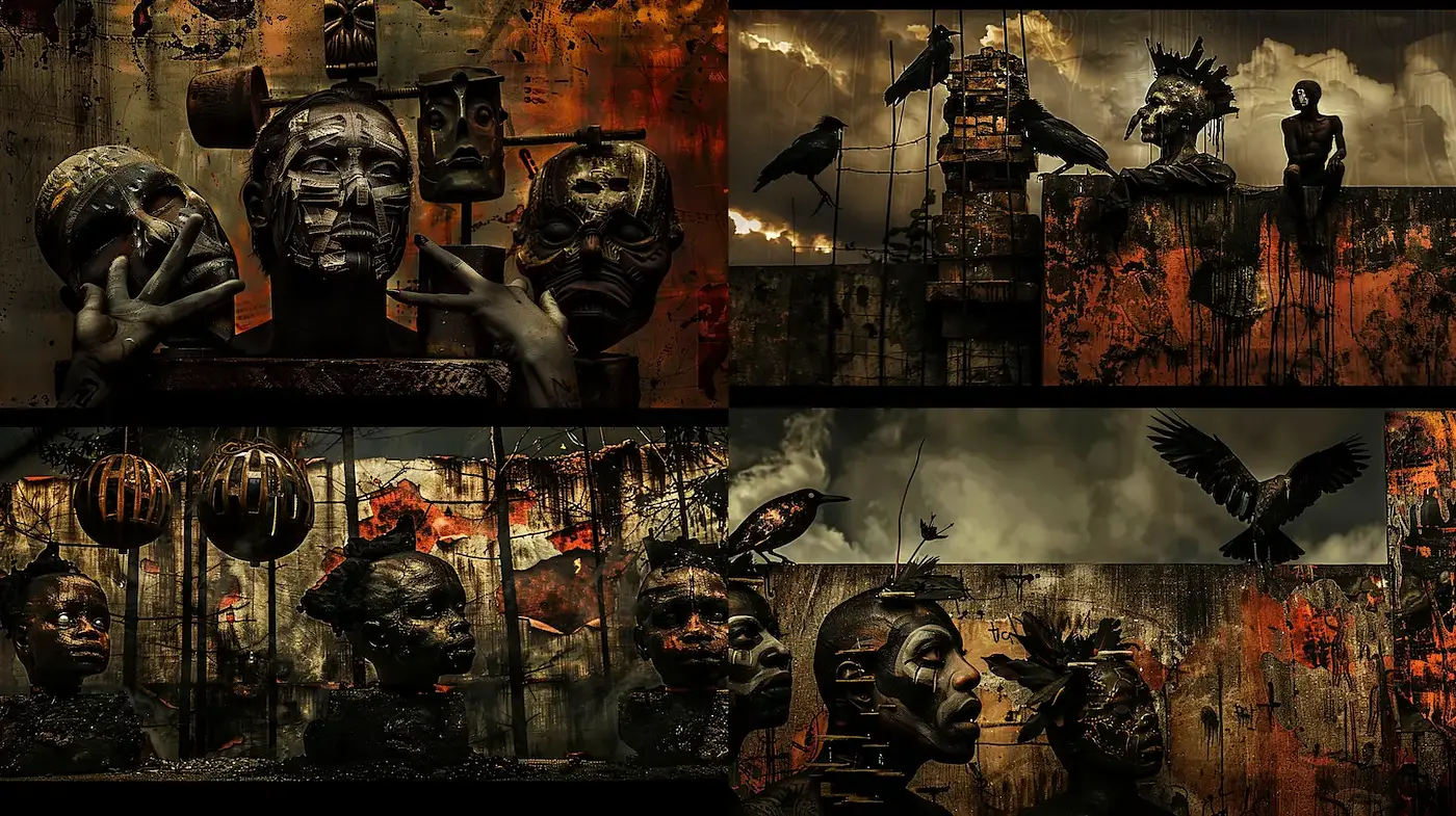 Dark and haunting surrealism with a strong sense of decay and abandonment - Midjourney sref style