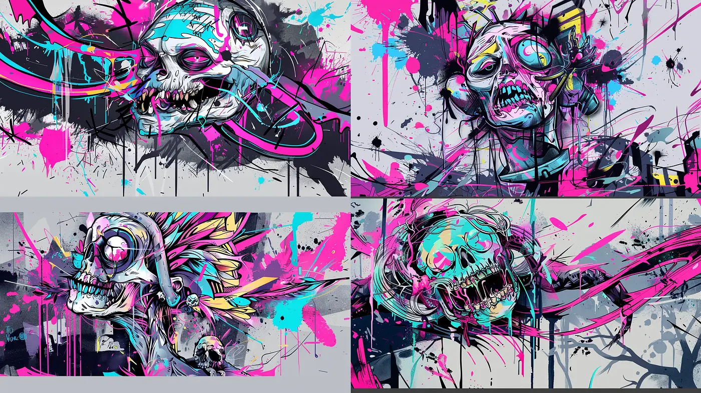 Vibrant Graffiti-Inspired Skulls with Abstract Expression - Midjourney sref style